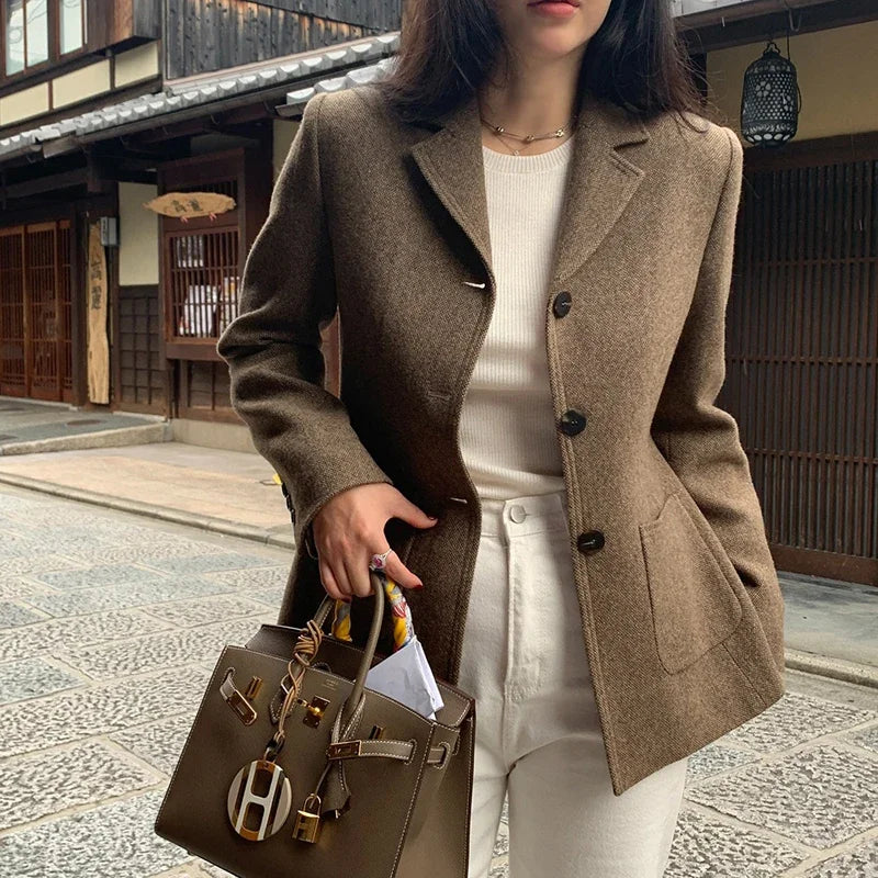 Chaqueta de traje de lana elegante coreano para mujer Otoño e Invierno Slim Fit marrón viajero abrigo de lana de gama alta Blazers ropa de mujer