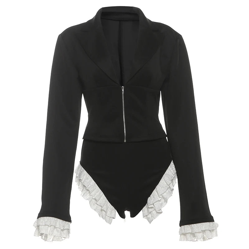 SiSterlinda-Conjunto de 2 piezas de retazos para mujer, Tops cortos con cremallera y cuello en V y manga acampanada + Mini pantalones cortos de encaje, trajes Hipster elegantes de estilo de oficina