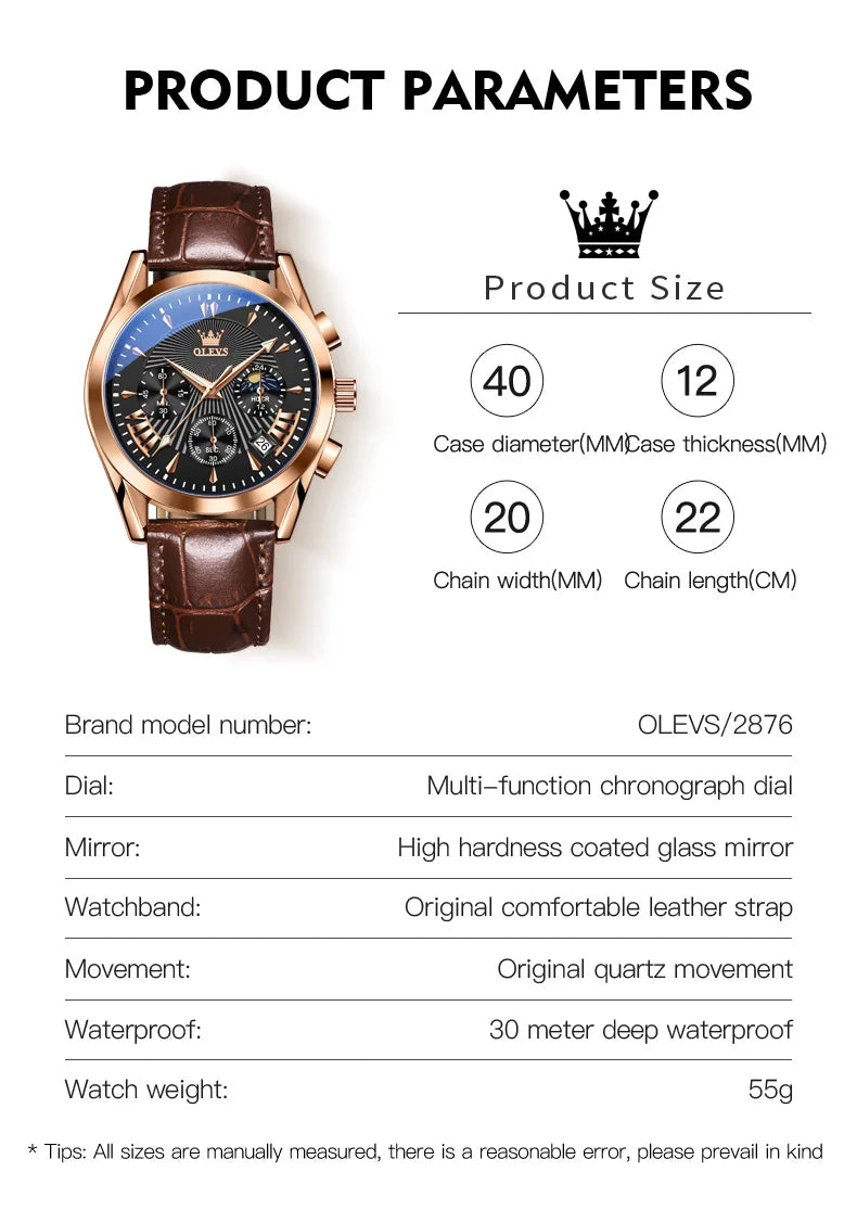 OLEVS-reloj de cuarzo resistente al agua para hombre, cronógrafo de pulsera con correa de cuero, marca de lujo Original, alta calidad, a la moda