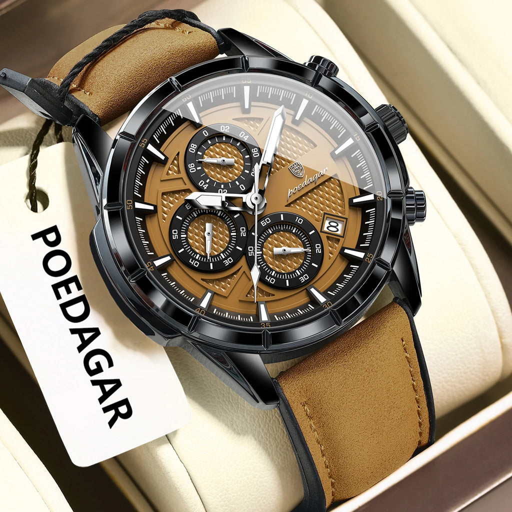 Reloj de pulsera POEDAGAR de lujo para hombre, relojes de cuarzo de cuero originales para hombre, cronógrafo con fecha, reloj luminoso resistente al agua para hombre + caja