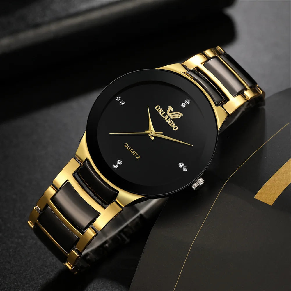 ORLANDO, relojes de lujo para hombre, recién llegado, reloj de pulsera de acero de cuarzo dorado y negro, reloj exquisito Masculino, reloj de moda