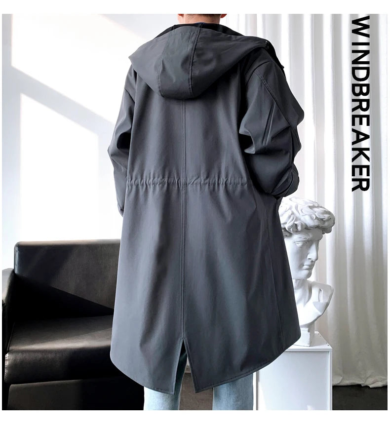 Gabardina para hombre, gabardina con capucha a la moda, otoño, longitud media, cortavientos holgado de un solo pecho, abrigo informal falso de dos piezas