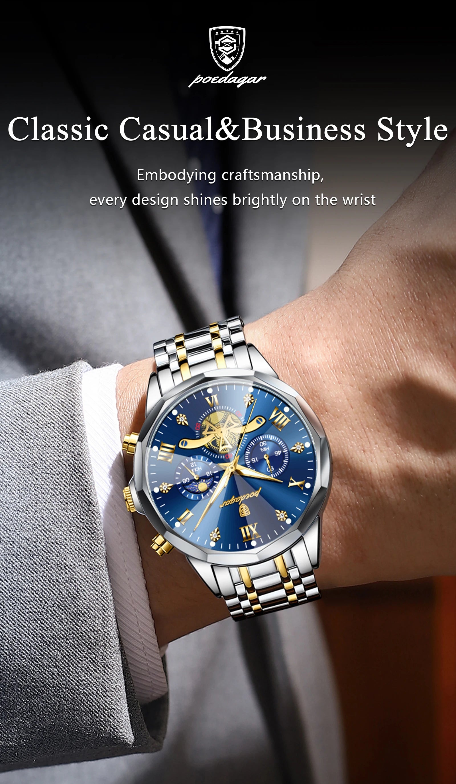 Reloj POEDAGAR de lujo para hombre, Reloj de pulsera Original resistente al agua con cronógrafo luminoso para hombre, relojes de cuarzo de acero inoxidable para hombre