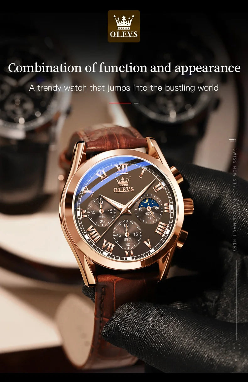 OLEVS 2871 reloj de cuarzo para hombre de la mejor marca, reloj de negocios noctilucente resistente al agua de lujo, correa de cuero, reloj de fase lunar, reloj Masculino