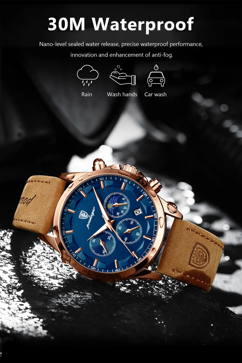 POEDAGAR, reloj deportivo de cuarzo de lujo para hombre, cronógrafo resistente al agua, reloj de pulsera luminoso con fecha para hombre, relojes de cuero de negocios para hombre