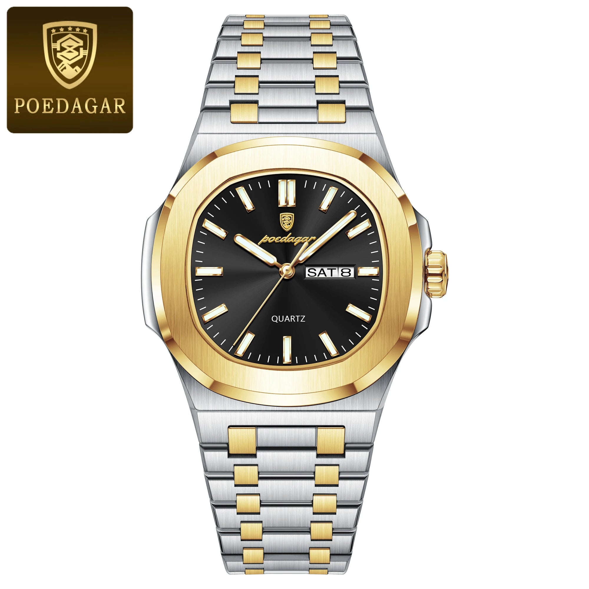 POEDAGAR, relojes cuadrados de lujo para hombre, Reloj luminoso resistente al agua con fecha y semana para hombre, Reloj de pulsera de cuarzo a la moda de acero inoxidable para hombre