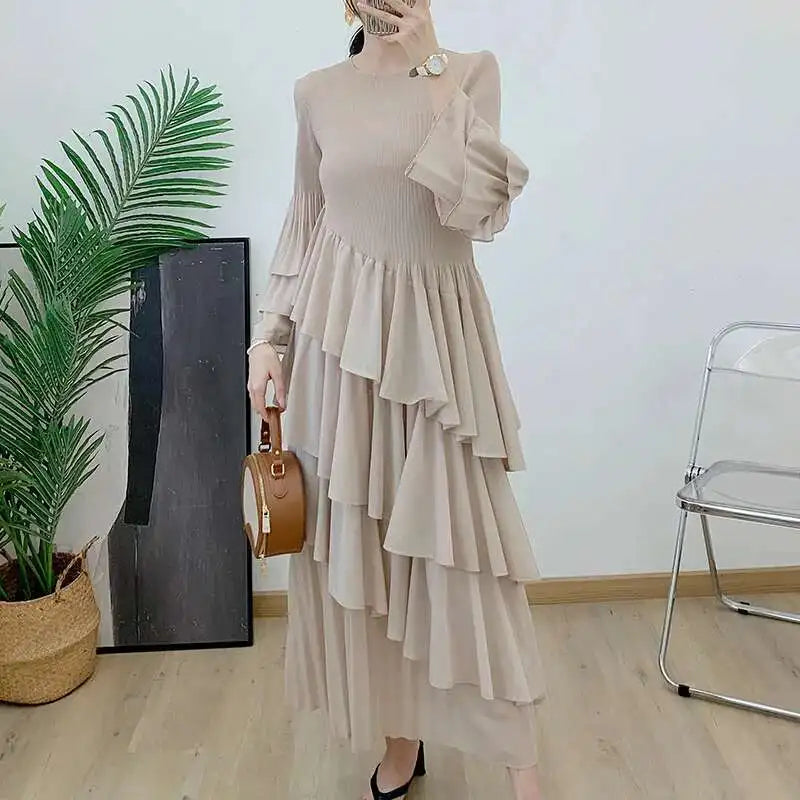 GVUW Women's Pleated Dress, Full Flare Sleeve A-Line Spliced Ruffles Round Neck Evening Party Elegant Women's Clothing 17G4475
