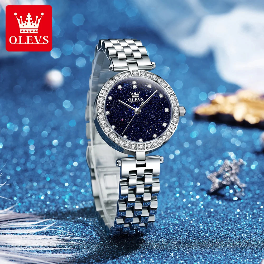 OLEVS 3641 Elegante reloj de cuarzo resistente al agua para mujer Esfera estrellada luminosa de acero inoxidable con caja de regalo - Accesorio de moda para mujer
