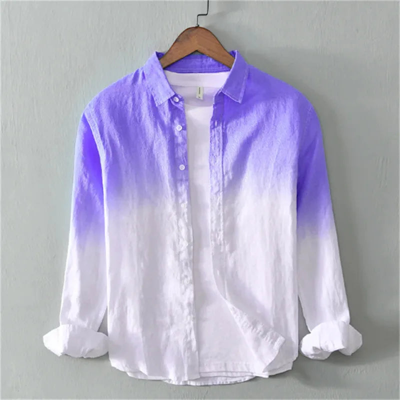 Camisa informal de primavera y otoño con cuello de manga larga, camisa de lino a la moda con estampado 3D de cambio de Color claro para hombre, XS-6XL