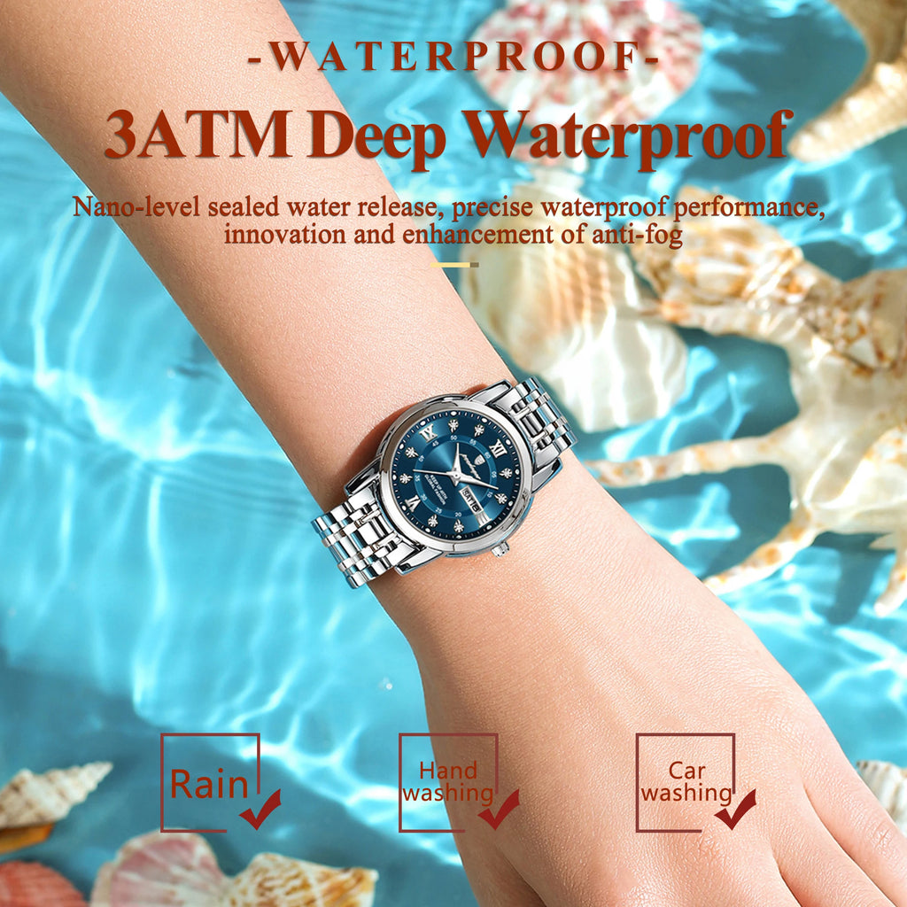 POEDAGAR, reloj de pulsera de lujo para mujer, resistente al agua, luminoso, fecha, semana, relojes para mujer, vestido elegante de acero inoxidable, reloj de cuarzo para mujer