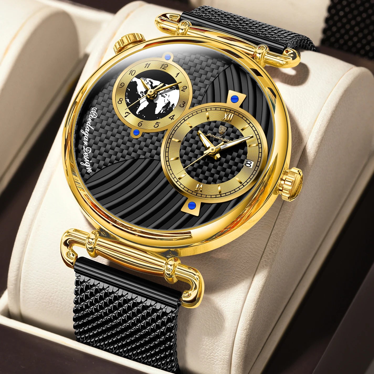 Reloj de hombre POEDAGAR de moda con doble zona horaria, resistente al agua, con fecha, deportivo, de malla de acero inoxidable, de cuarzo + caja.