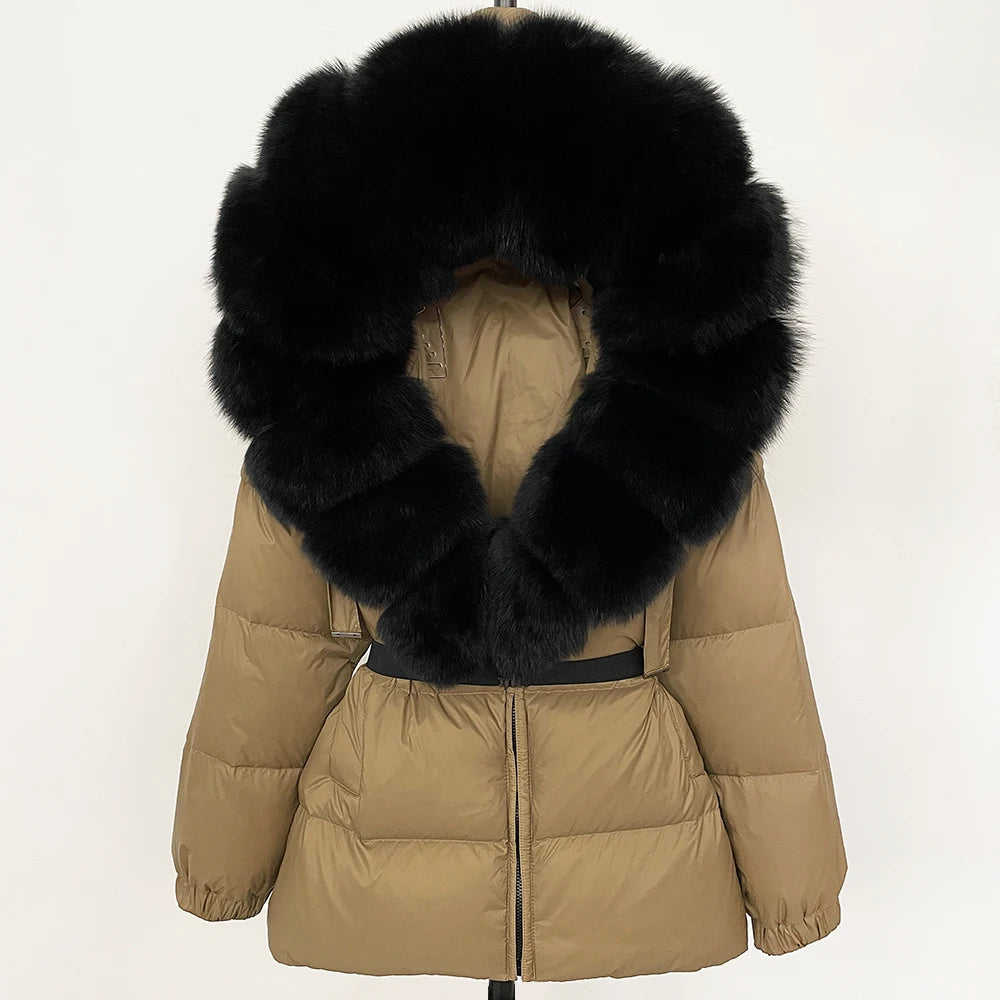 OFTBUY 2025 nueva ropa de invierno para mujer, abrigo de plumón de pato blanco, chaqueta con capucha de piel de zorro Natural, chaqueta acolchada cálida a la moda para mujer