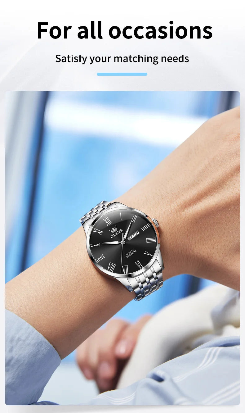 OLEVS, reloj minimalista de negocios de acero inoxidable para hombre, manecillas luminosas de lujo, calendario a escala romana, relojes de cuarzo resistentes al agua para hombre