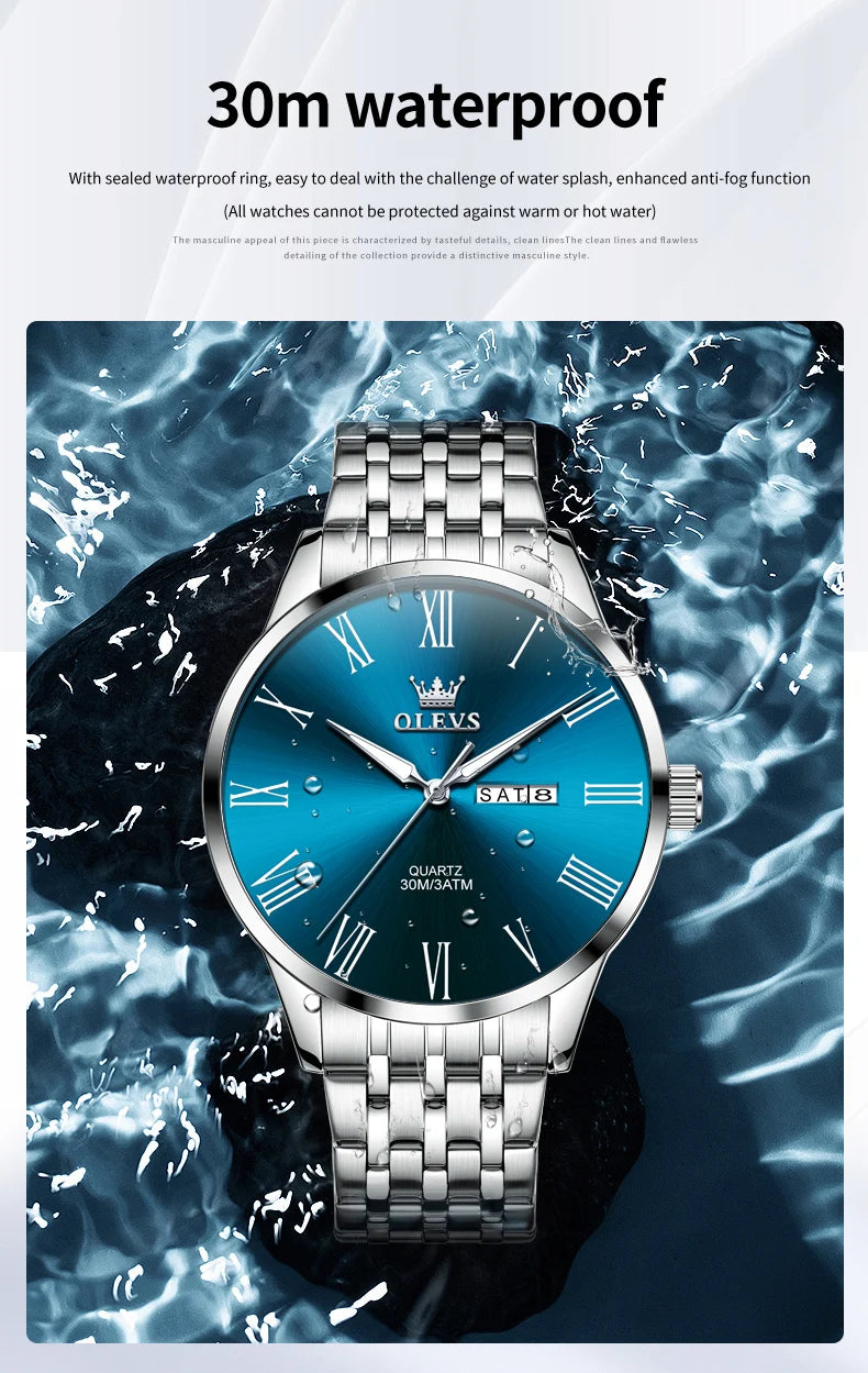 OLEVS, reloj minimalista de negocios de acero inoxidable para hombre, manecillas luminosas de lujo, calendario a escala romana, relojes de cuarzo resistentes al agua para hombre