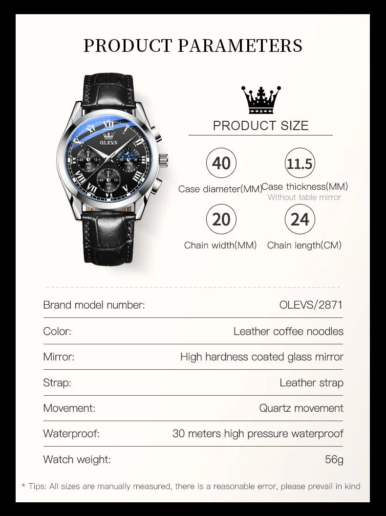 OLEVS 2871 reloj de cuarzo para hombre de la mejor marca, reloj de negocios noctilucente resistente al agua de lujo, correa de cuero, reloj de fase lunar, reloj Masculino