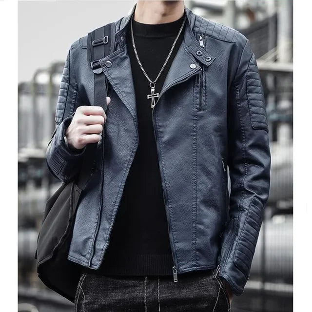 Chaqueta ajustada de marca para Hombre, abrigo de cuero negro a prueba de viento, Color sólido, moda de motocicleta, Invierno