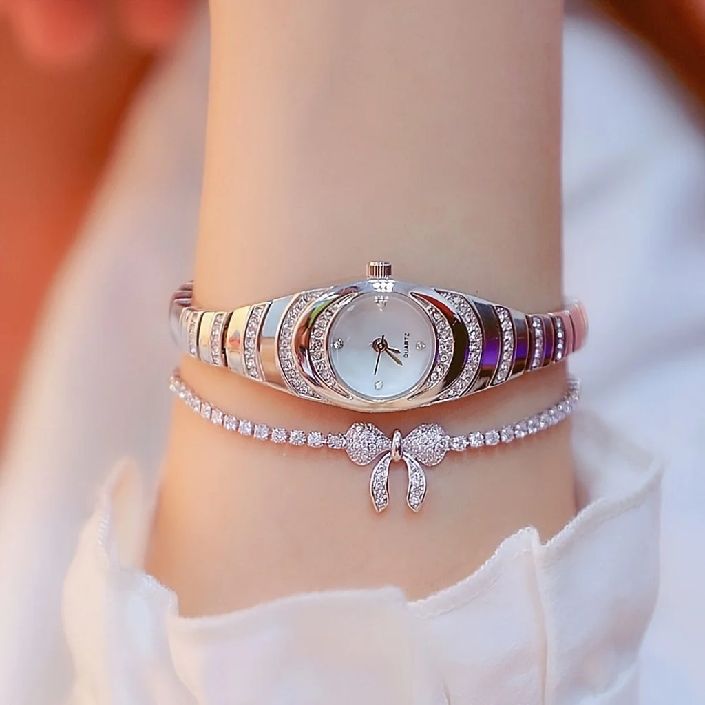 2 uds nuevo reloj de mujer simple con diamantes de imitación esfera redonda conjunto de reloj de cuarzo de aleación