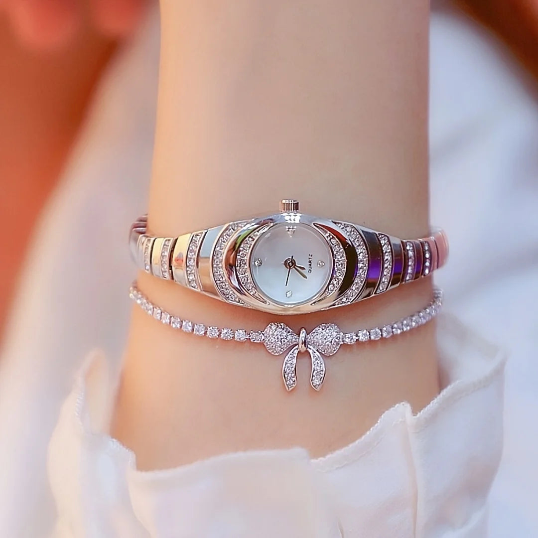2 uds nuevo reloj de mujer simple con diamantes de imitación esfera redonda conjunto de reloj de cuarzo de aleación