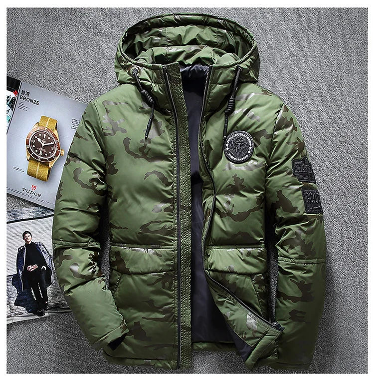 Parkas de invierno de alta calidad para hombre, cortavientos, Parkas de plumón de pato blanco, chaquetas cálidas gruesas con capucha de camuflaje para nieve, abrigo