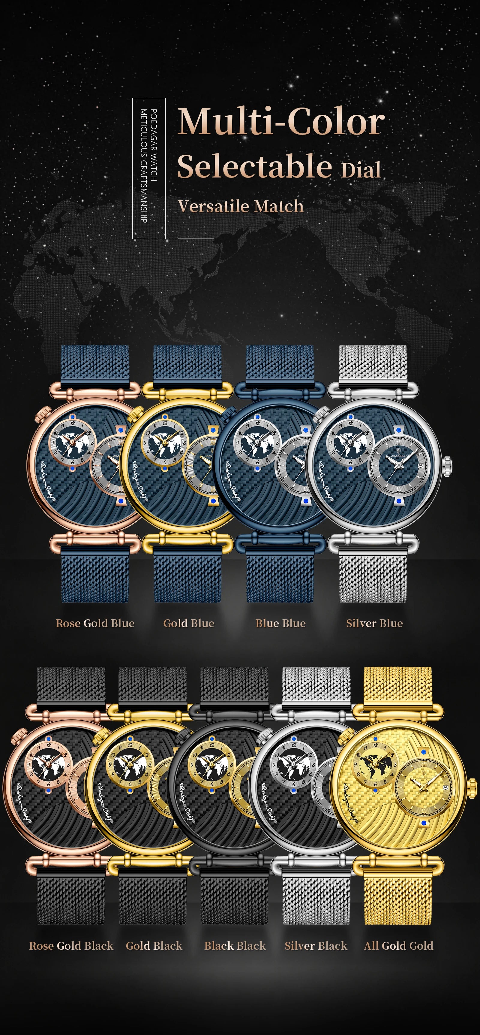 Reloj de hombre POEDAGAR de moda con doble zona horaria, resistente al agua, con fecha, deportivo, de malla de acero inoxidable, de cuarzo + caja.