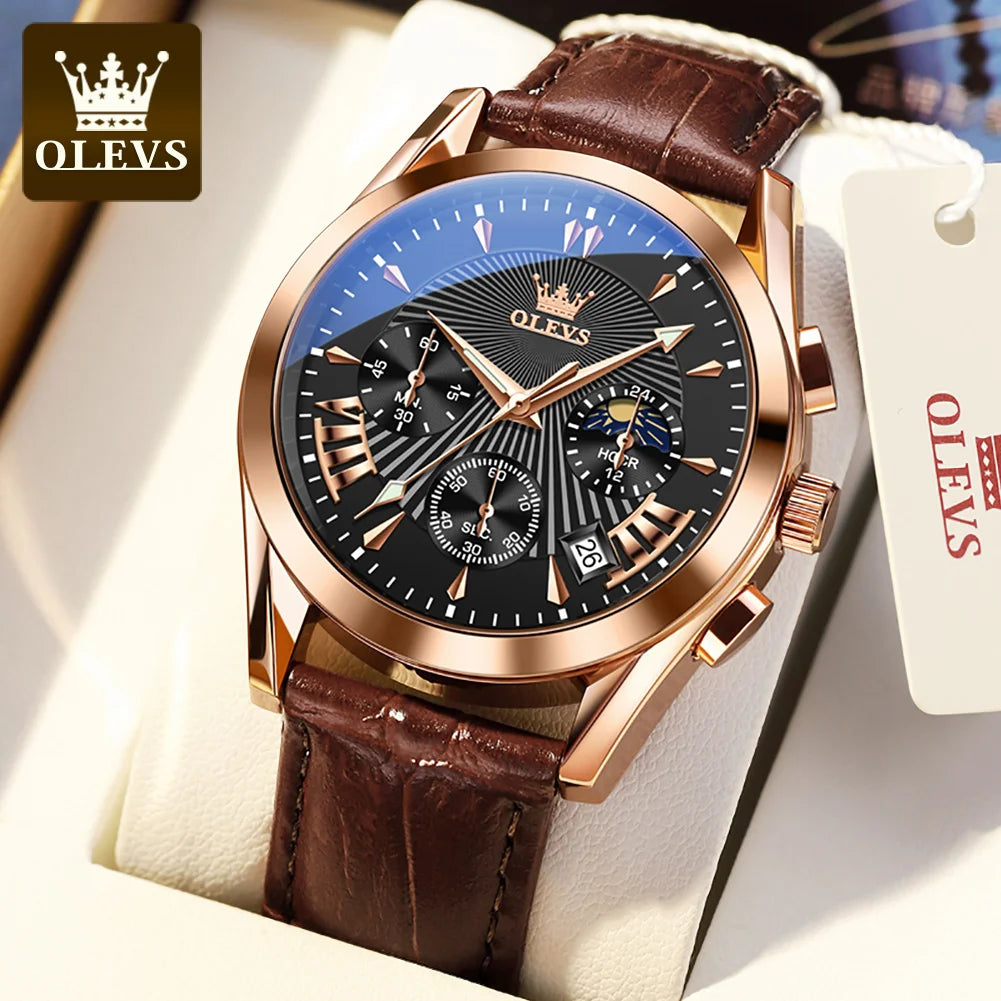 OLEVS-reloj de cuarzo resistente al agua para hombre, cronógrafo de pulsera con correa de cuero, marca de lujo Original, alta calidad, a la moda