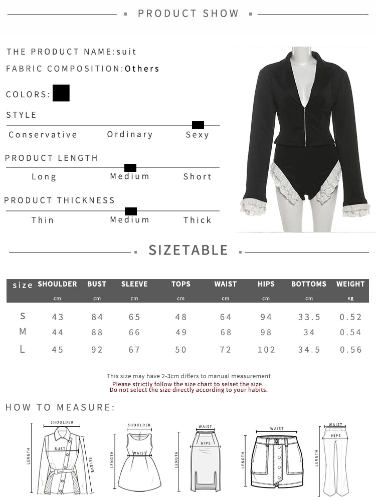 SiSterlinda-Conjunto de 2 piezas de retazos para mujer, Tops cortos con cremallera y cuello en V y manga acampanada + Mini pantalones cortos de encaje, trajes Hipster elegantes de estilo de oficina