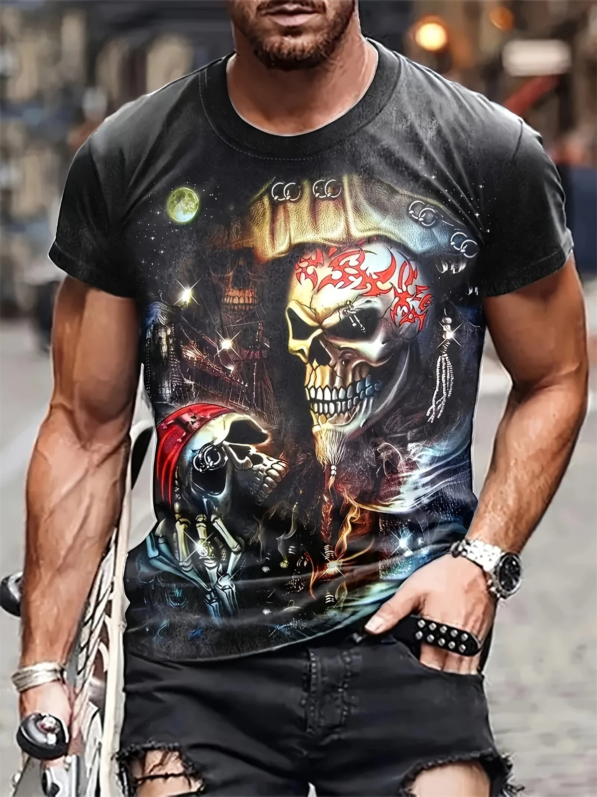 Camiseta de manga corta con estampado 3D de cabeza de calavera para hombre, camiseta de cuello redondo de estilo Punk, ropa de gran tamaño para exteriores de verano, novedad