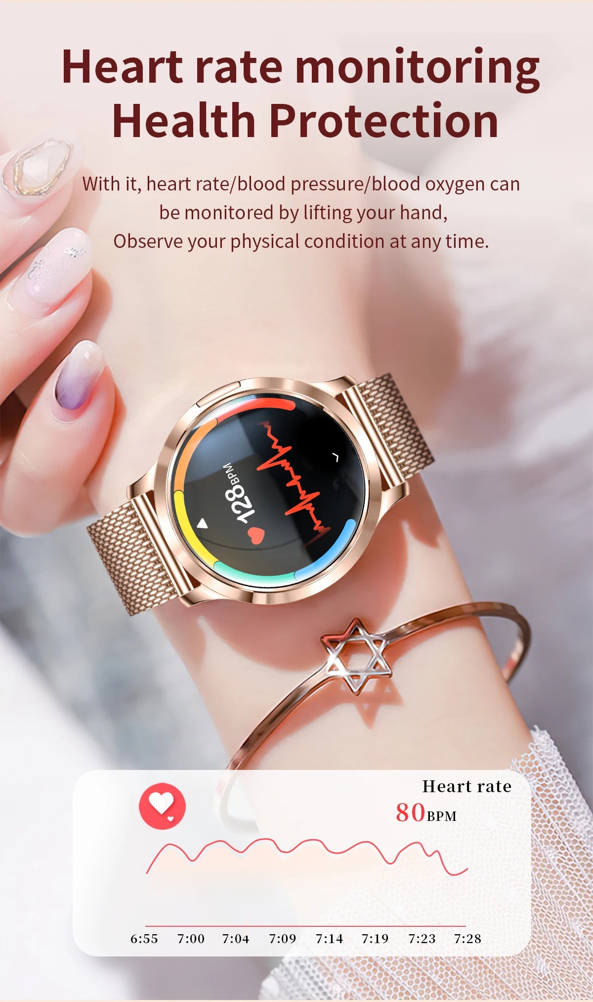 Nuevo reloj inteligente para mujer 1,32 "AMOLED pantalla completamente táctil Bluetooth llamada presión arterial IP68 impermeable NFC 7,3mm pulsera ultrafina