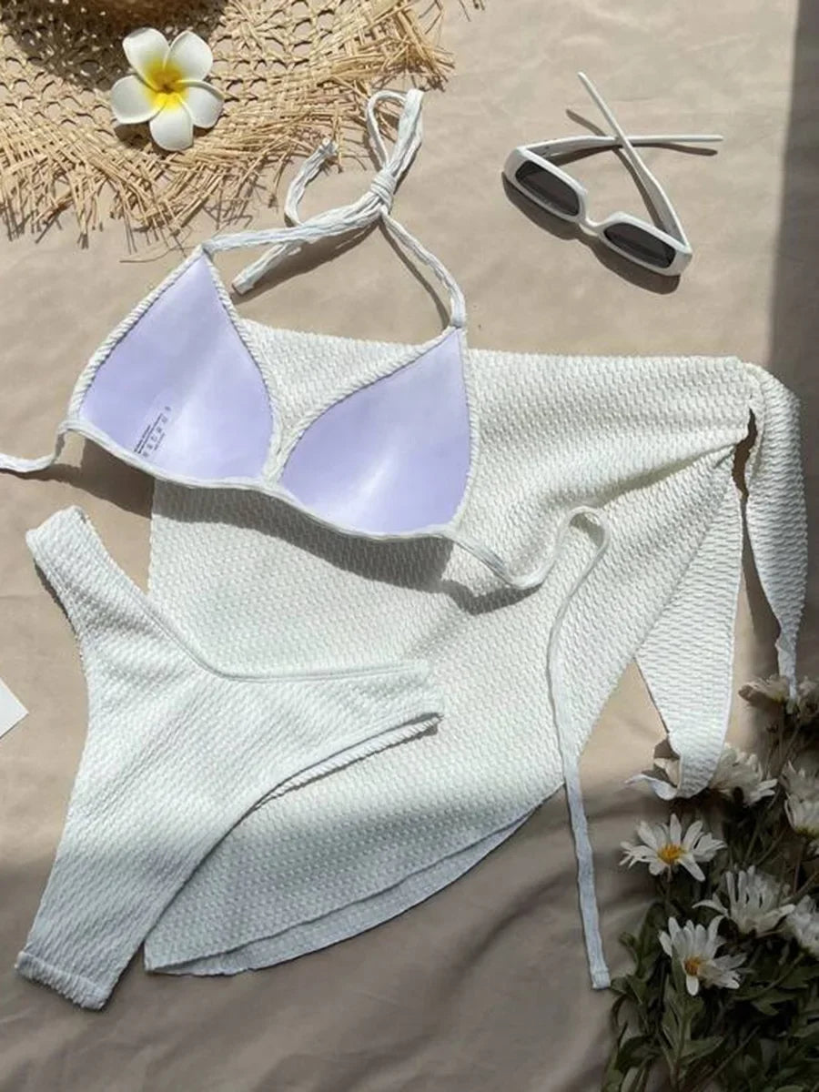 Con falda, Bikini arrugado con copa de sujetador, traje de baño femenino, traje de baño para mujer, conjunto de Bikini de tres piezas, traje de baño Push Up, ropa de playa para nadar