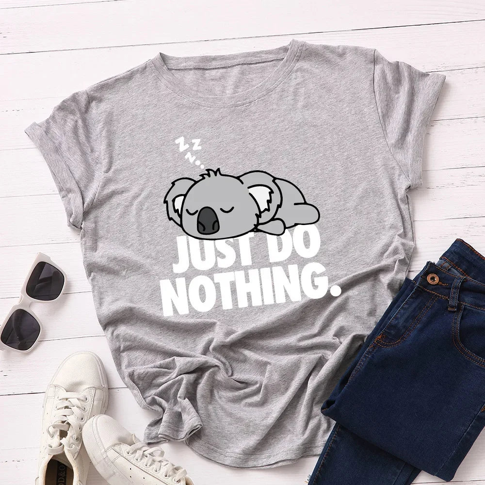 Just Do Nothing - Koala Print T-Shirt for Women, Loose Short-Sleeve Round Neck Blouse, Women's Clothing