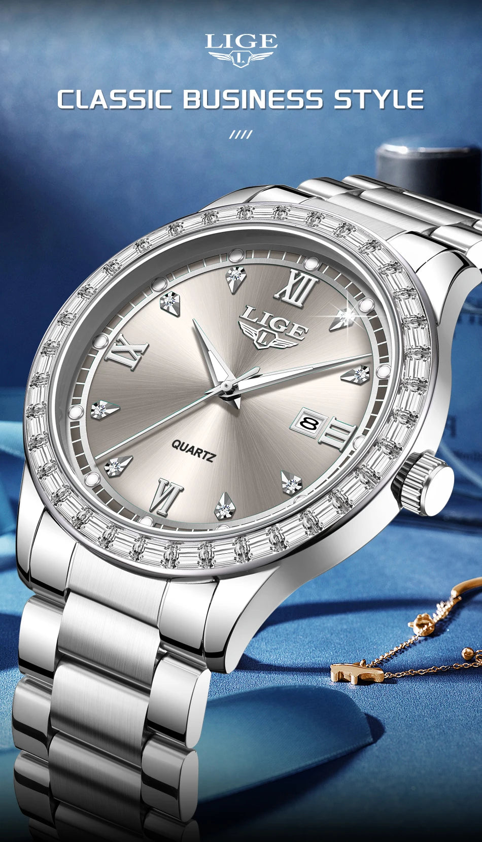 Reloj LIGE elegante para mujer, reloj resistente al agua a la moda, reloj luminoso de cuarzo de negocios de acero inoxidable para mujer, reloj de mujer + caja