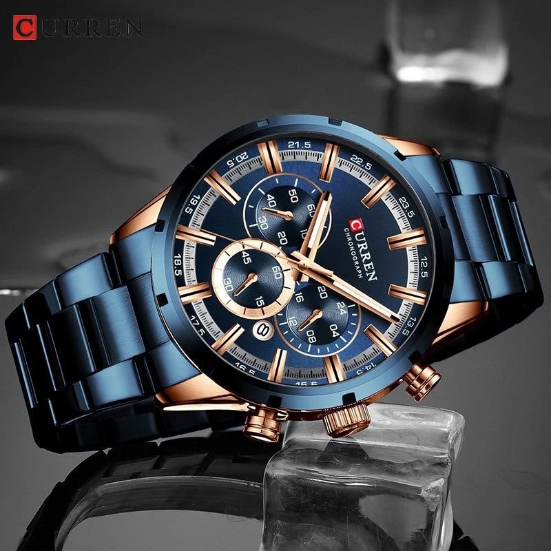 Reloj de pulsera CURREN de Cuero militar de lujo de la mejor marca, relojes deportivos informales para hombres, reloj de pulsera azul para hombre, reloj de pulsera cronógrafo de moda