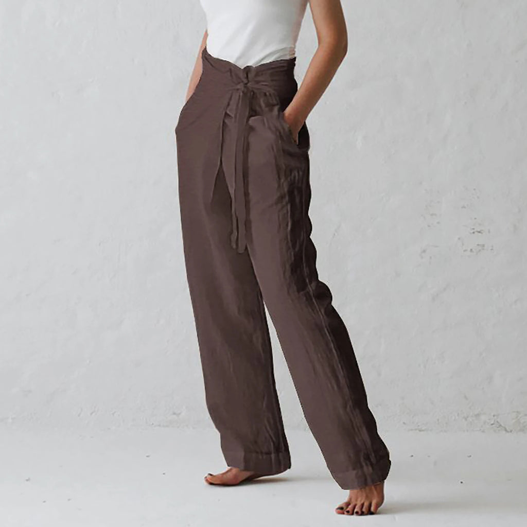 Pantalones informales con bolsillo para mujer, Color sólido, elásticos, con encuadernación, línea de algodón elegante, cintura alta, verano 2024