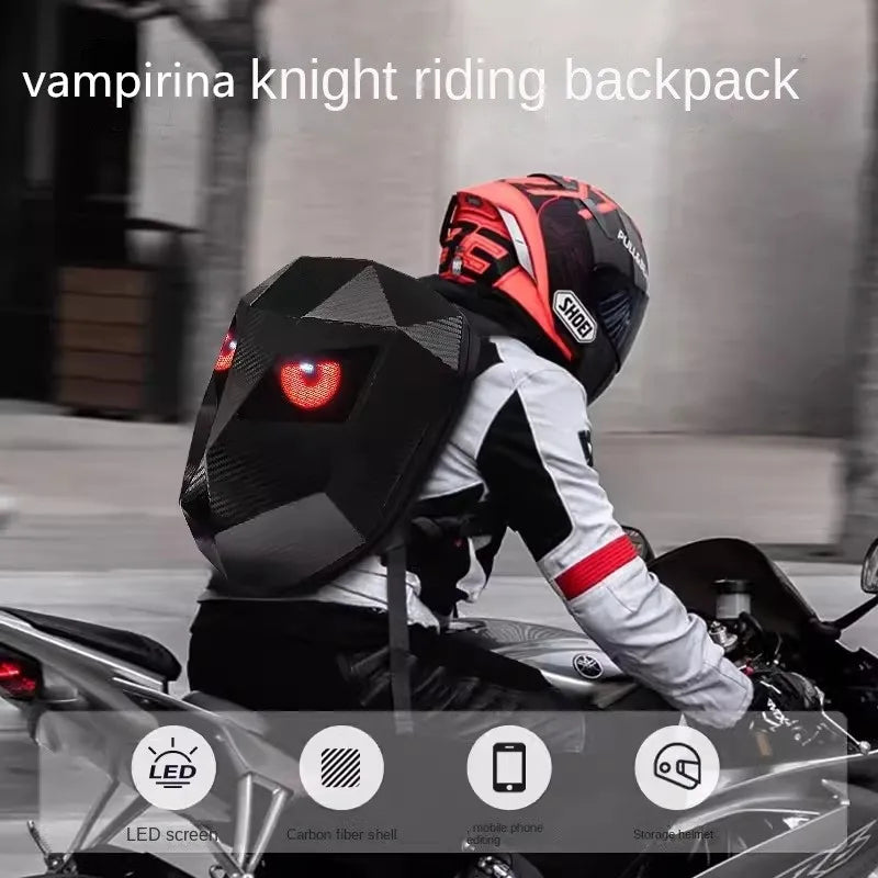 Mochila LED para motociclista, diseño de ojos brillantes, textura de fibra de carbono, casco, locomotora, mochila escolar, mochila para ordenador portátil de Moto
