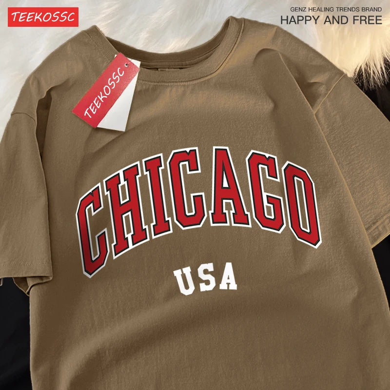 Camiseta gráfica de ciudad clásica de Chicago Usa para hombre, camisetas de calle con cuello redondo, ropa, camiseta informal de algodón de manga corta para pareja
