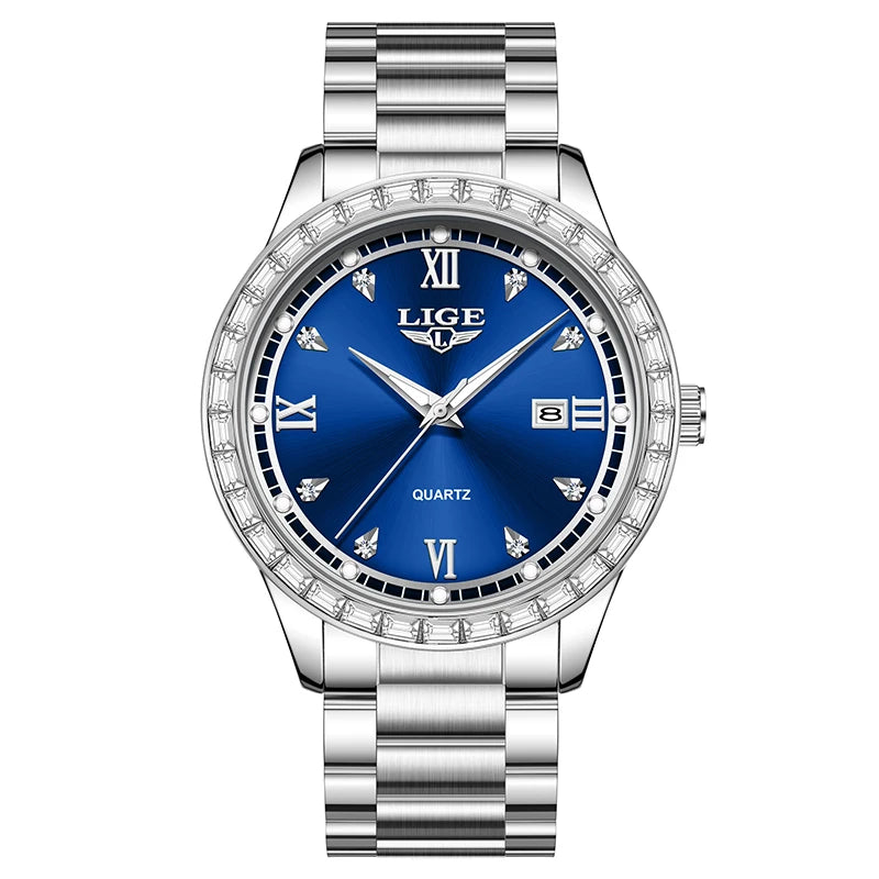 Reloj LIGE elegante para mujer, reloj resistente al agua a la moda, reloj luminoso de cuarzo de negocios de acero inoxidable para mujer, reloj de mujer + caja