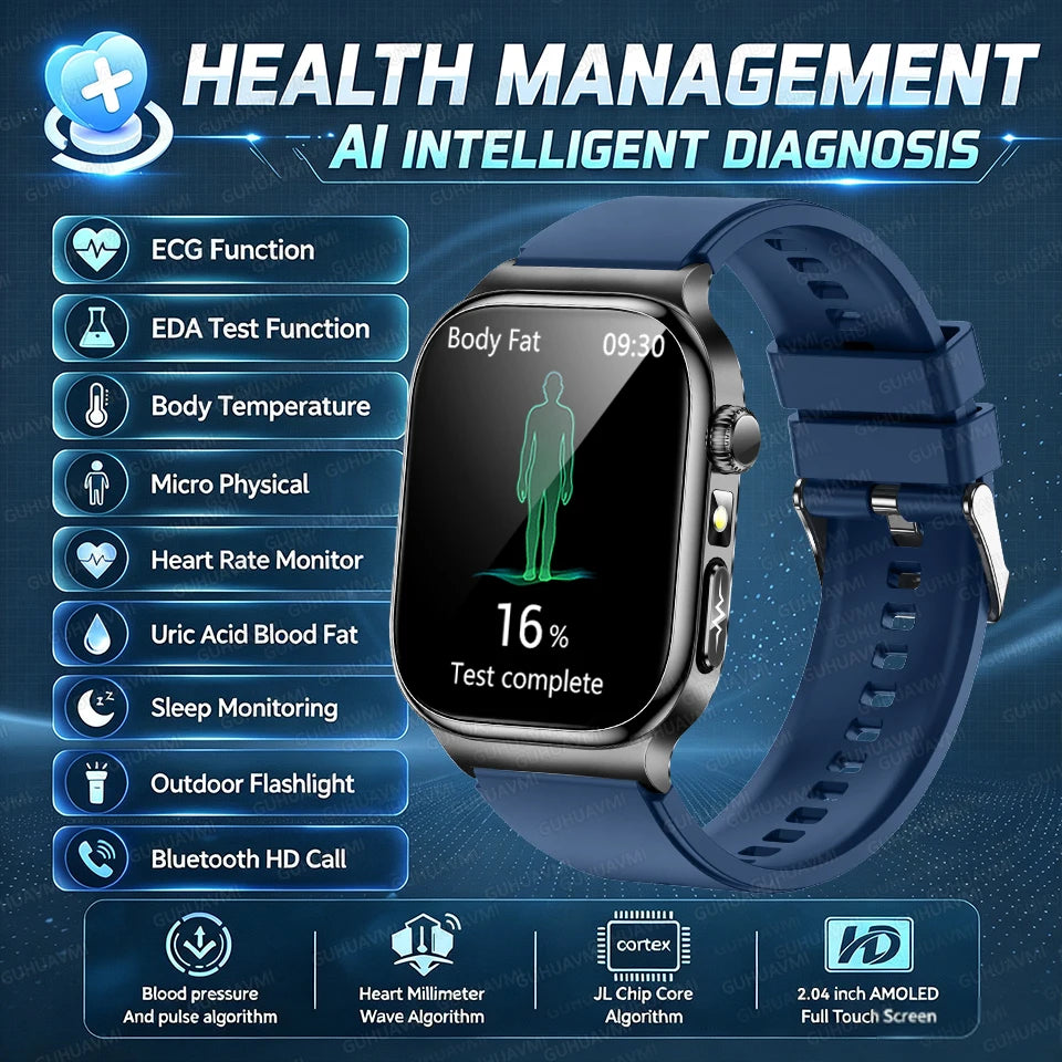 Nuevo Reloj Inteligente de Salud Nivel Hospitalario 2026 con Medición de Grasa Corporal, ECG, Oxígeno en Sangre, Presión Arterial, Pantalla AMOLED HD, Llamadas y Funciones Deportivas para Hombre