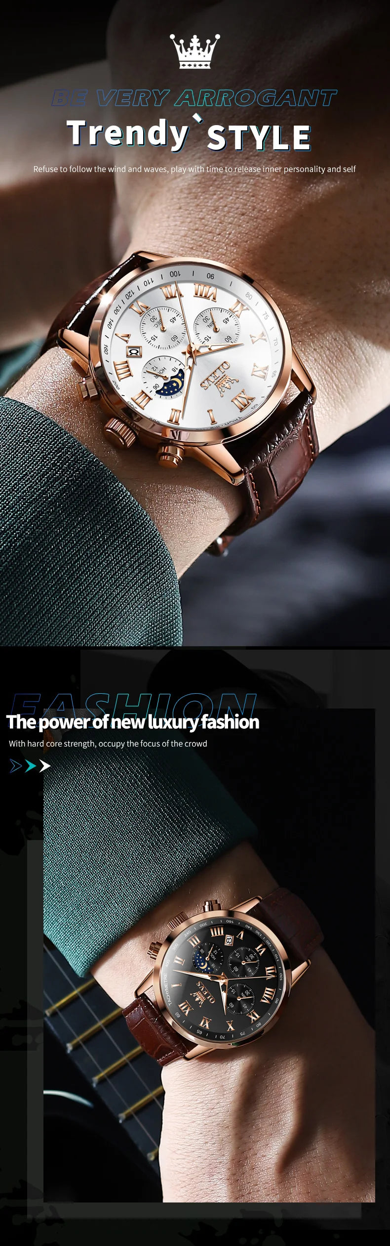 OLEVS-reloj de cuarzo deportivo para hombre, cronógrafo de lujo, resistente al agua, con correa de cuero, fase lunar, Masculino