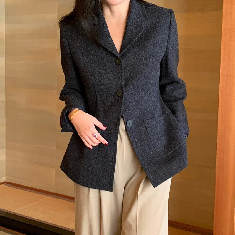 Chaqueta de traje de lana elegante coreano para mujer Otoño e Invierno Slim Fit marrón viajero abrigo de lana de gama alta Blazers ropa de mujer