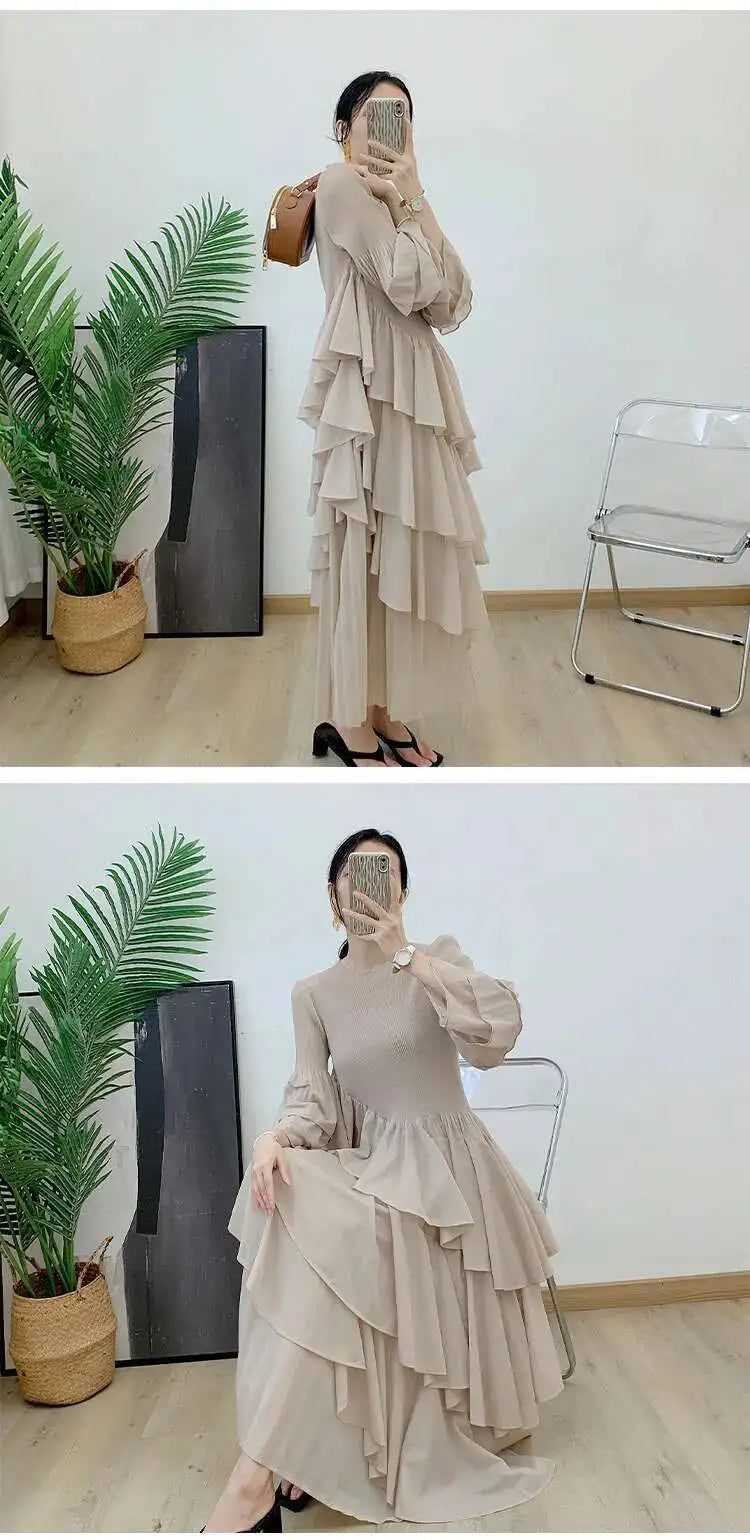 GVUW, vestido plisado para mujer, manga acampanada completa, línea A, volantes empalmados, cuello redondo, fiesta de noche, ropa elegante para mujer 17G4475