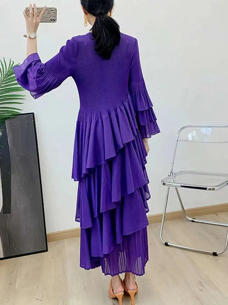GVUW, vestido plisado para mujer, manga acampanada completa, línea A, volantes empalmados, cuello redondo, fiesta de noche, ropa elegante para mujer 17G4475