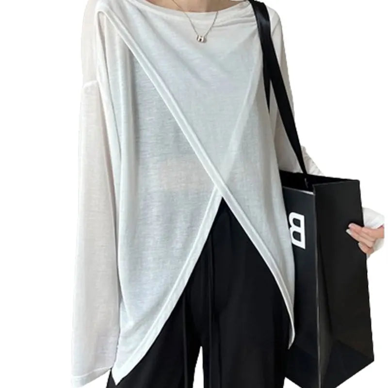 Verano elegante moda Harajuku Slim Fit ropa femenina suelta Casual todo fósforo camisetas sólido cuello redondo estilo fino camisetas de manga larga