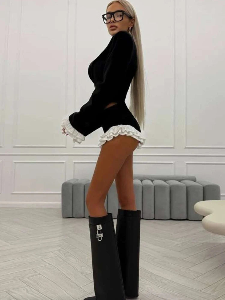 SiSterlinda-Conjunto de 2 piezas de retazos para mujer, Tops cortos con cremallera y cuello en V y manga acampanada + Mini pantalones cortos de encaje, trajes Hipster elegantes de estilo de oficina