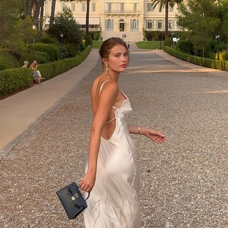 Vestido largo elegante de encaje con retazos para mujer, vestido Sexy con cuello en V sin mangas y espalda descubierta de satén, vestido largo ajustado, vestidos de fiesta de noche para mujer 2025