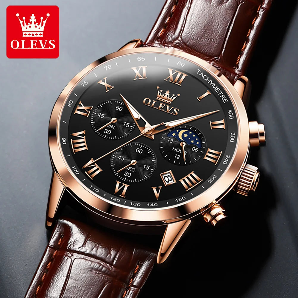 OLEVS-reloj de cuarzo deportivo para hombre, cronógrafo de lujo, resistente al agua, con correa de cuero, fase lunar, Masculino