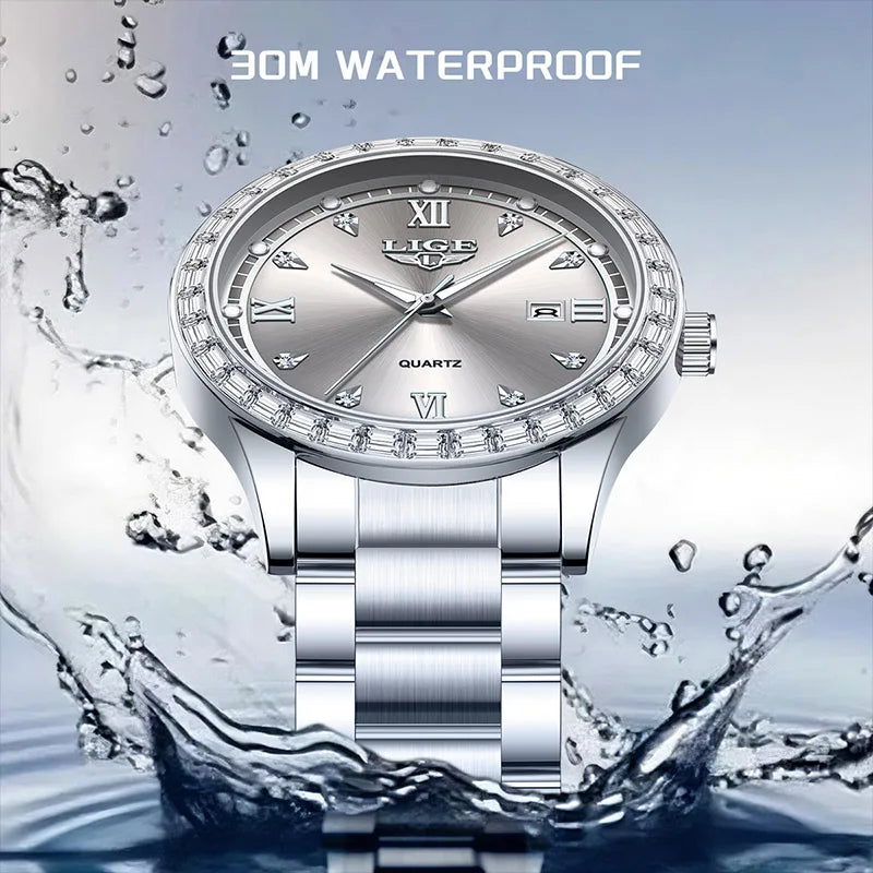 Reloj LIGE elegante para mujer, reloj resistente al agua a la moda, reloj luminoso de cuarzo de negocios de acero inoxidable para mujer, reloj de mujer + caja