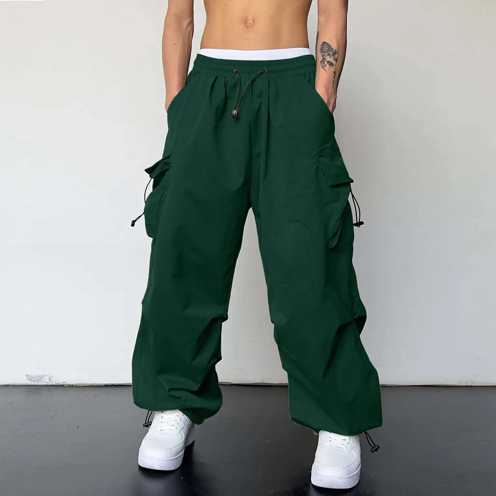 Pantalones Cargo deportivos informales para Hombre, ropa de calle con bolsillo tejido y cuerda para el pie, Pantalones sólidos, Pantalones holgados con múltiples bolsillos para Hombre