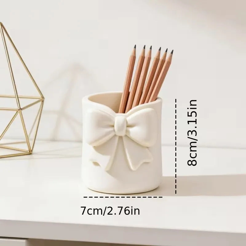 Organizador de maquillaje de escritorio con lazo, soporte para bolígrafos 3D, almacenamiento para brochas, brillo labial y herramientas para cejas, 1 unidad