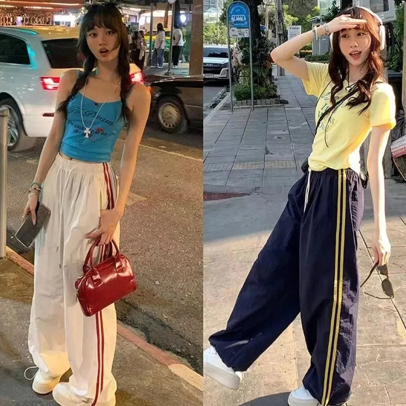 Pantalones de chándal completo a rayas con múltiples bolsillos para mujer