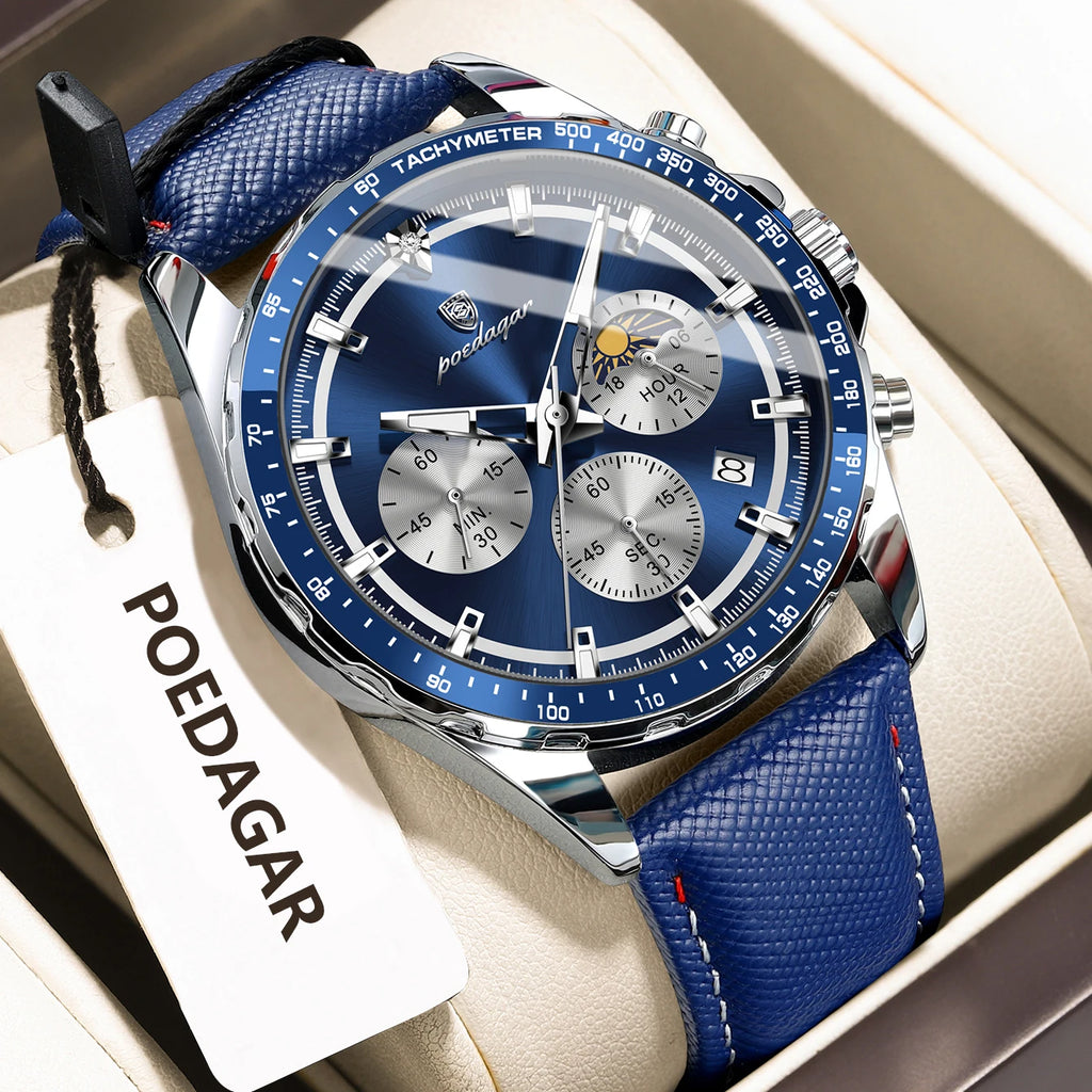 POEDAGAR Original Fashion Men Clock Luminous Waterproof Chronograph Date Man Wristwatch Leather Quartz Sport Men's Watches Reloj